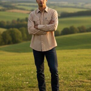 Ely Diamond Beige Western Pearl Snap Long Sleeve Collared Cowboy Shirt Mens XL